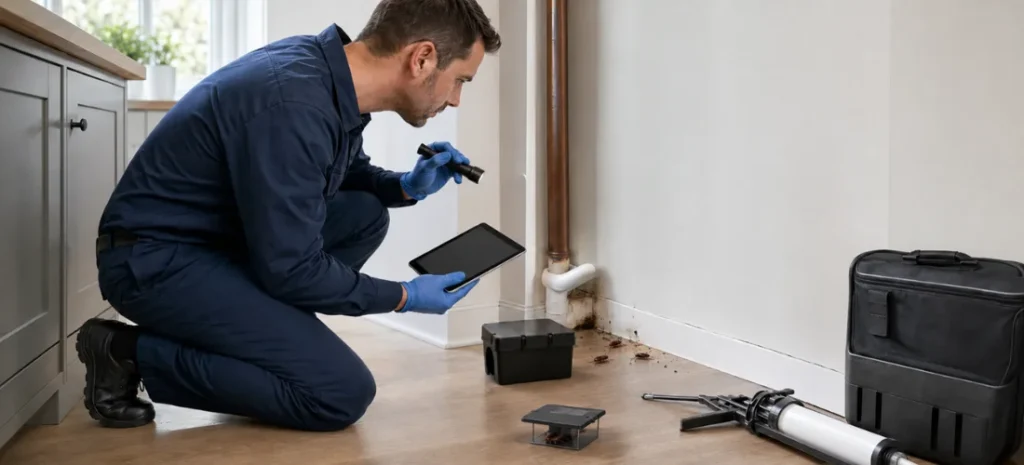 Pest management technician inspecting cockroaches and droppings near a kitchen pipe opening.