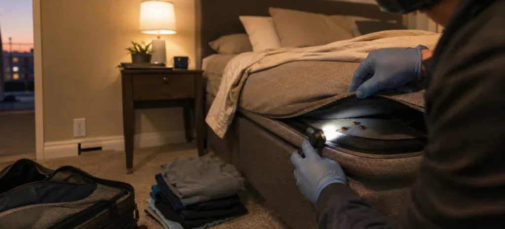Pest control technician inspecting bed bugs inside a warm apartment bedroom.