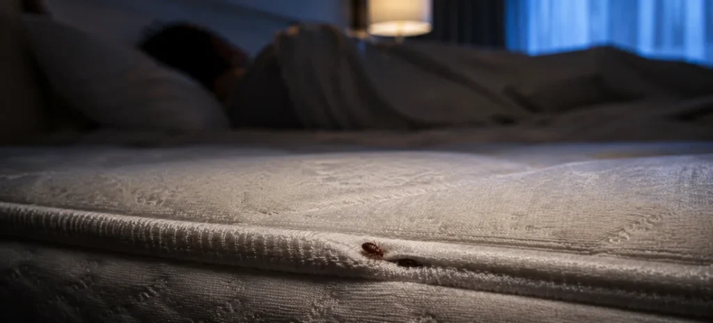 Bed bugs emerging from a mattress seam while a person sleeps at night.