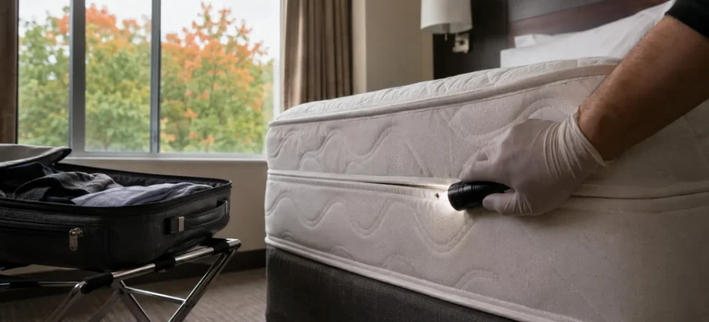 Bed bug inspection beside an open suitcase in a Canadian hotel room.