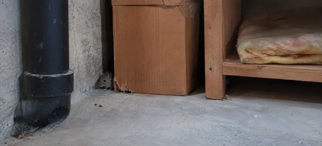 Small mouse hiding behind storage boxes near a basement pipe and insulation.