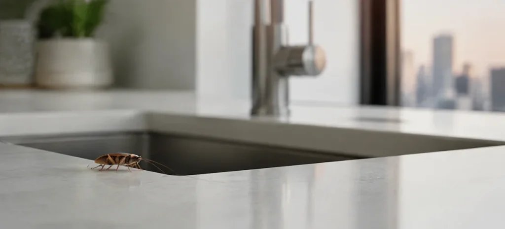 Cockroach crawling near the kitchen sink in a clean Toronto condo