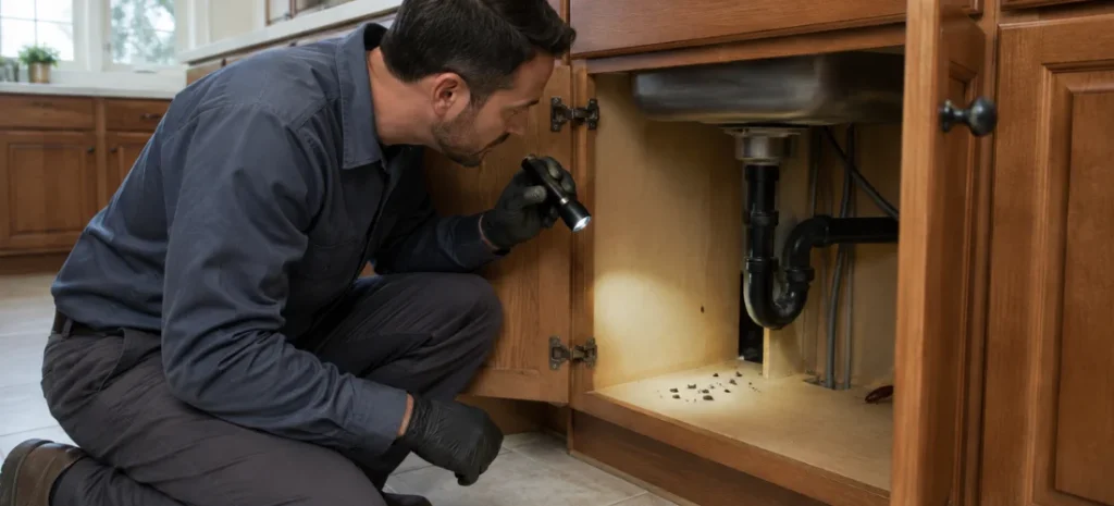 Pest control technician inspecting rodent droppings and a cockroach beneath a kitchen sink.