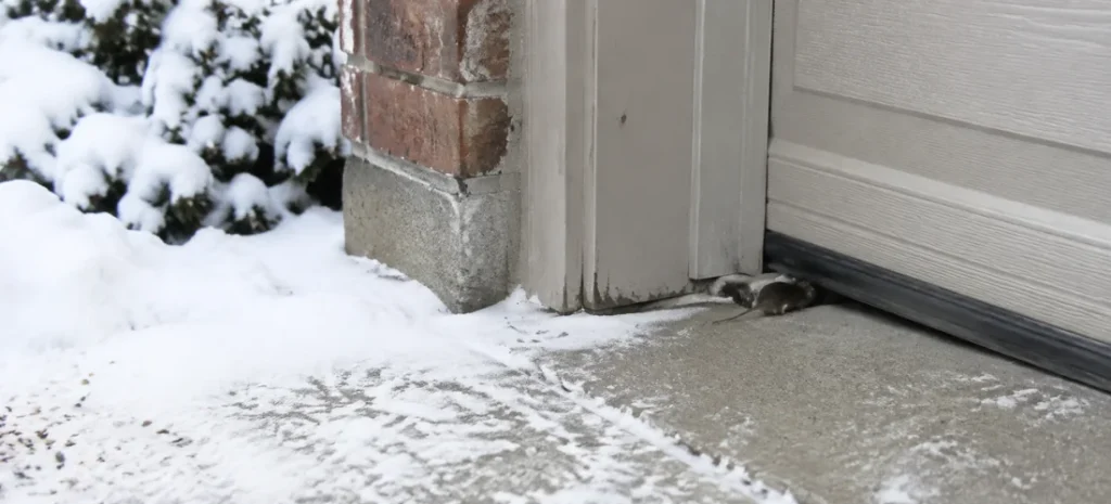 Small mouse entering a garage-door gap during a snowy GTA winter.