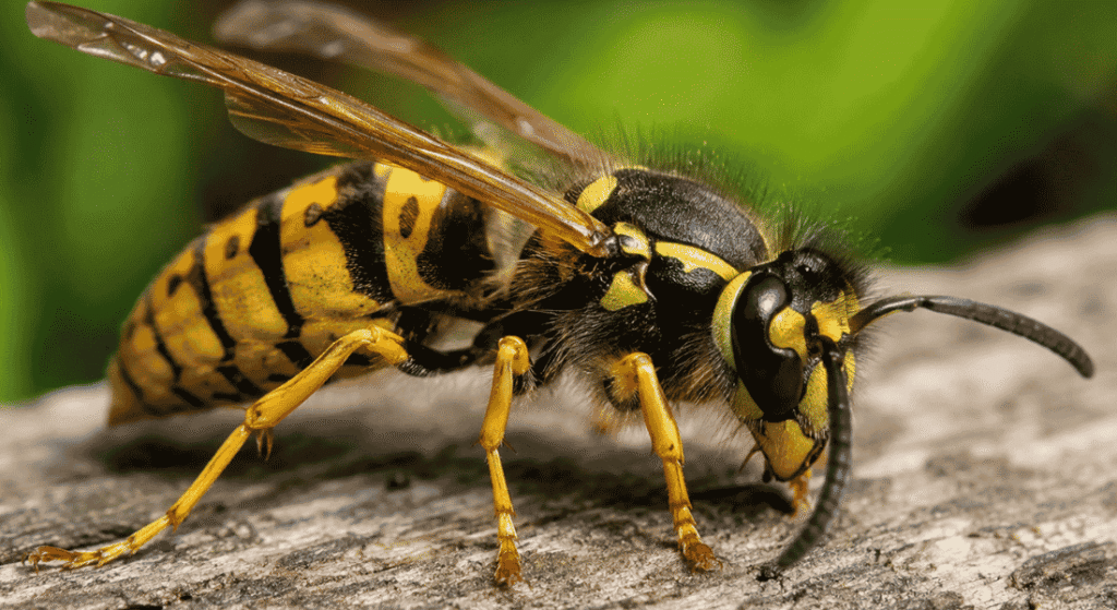 Close-up macro image of a large yellow and black wasp resting on a wooden surface with a blurred green background.