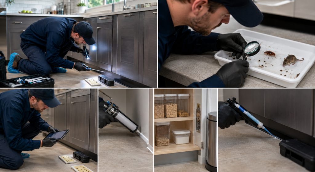 Five-panel integrated pest management process showing inspection, pest identification, monitoring, prevention, and targeted treatment in a kitchen.