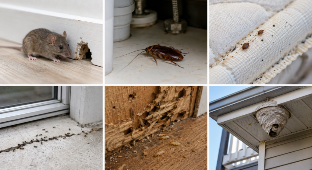 Common rental property pests including mouse, cockroach, bed bugs, ants, termites, and wasp nest around apartment areas.