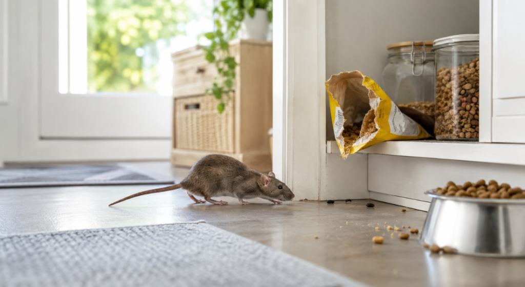 Rat seen in daylight near a pantry with chewed food packaging, droppings, and spilled pet food on the kitchen floor.