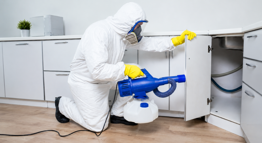 Pest control worker in a white protective suit and yellow gloves using a blue sprayer to treat the area under a kitchen sink.