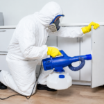 Pest control worker in a white protective suit and yellow gloves using a blue sprayer to treat the area under a kitchen sink.