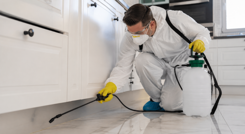 Professional pest control exterminator applying treatment along kitchen cabinet baseboards.