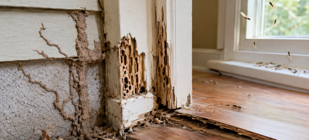Termite mud tubes, damaged baseboard, hollow wood, buckling floor, and discarded wings near a window.