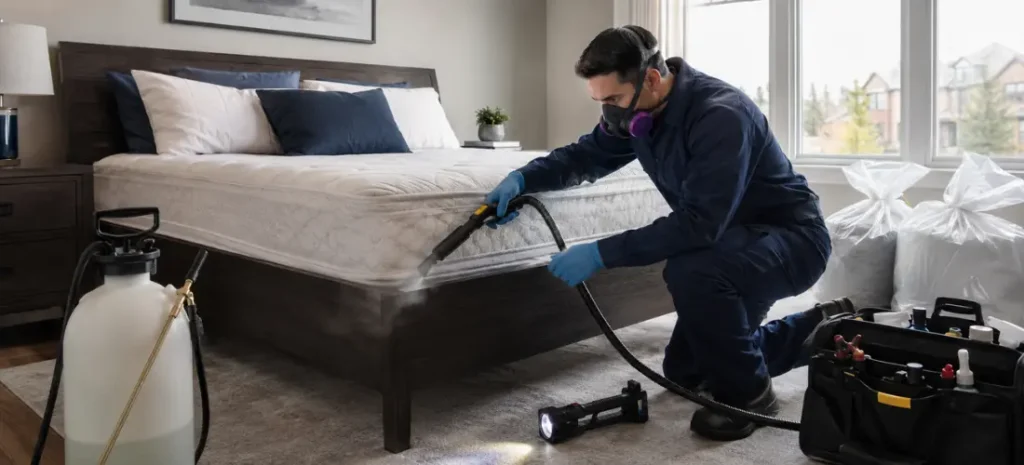 Pest control technician using steam treatment on a mattress seam for professional bed bug removal.