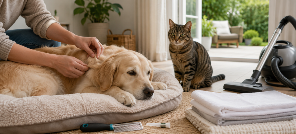 Dog being checked for fleas with a cat nearby, vacuum, flea comb, and clean bedding in a bright home.