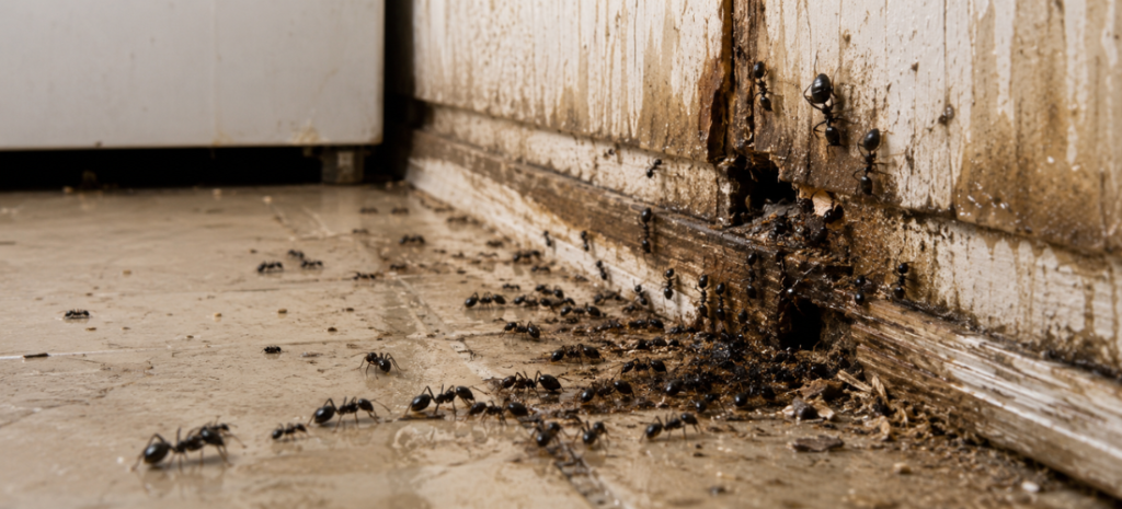 Black ants swarming along a damp indoor baseboard, with many ants entering and exiting damaged, rotting wood near the floor.