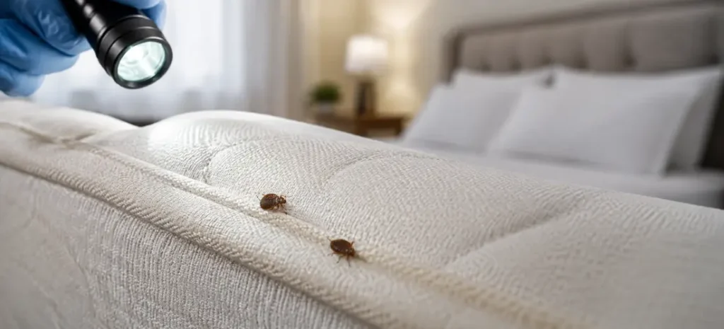 Bed bugs on a mattress seam during a professional bedroom inspection with a flashlight.