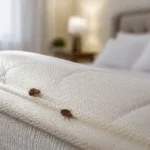 Bed bugs on a mattress seam during a professional bedroom inspection with a flashlight.