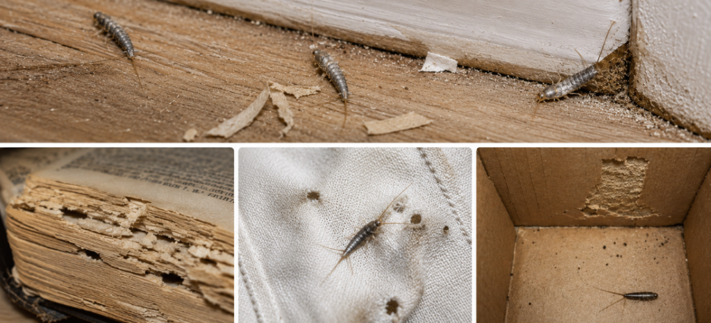 Silverfish infestation signs showing insects near baseboards, damaged paper, fabric holes, and droppings inside storage areas.