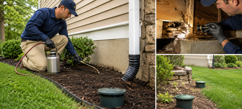 Pest control technician applying termite treatment around a home foundation with bait stations and wood inspection.
