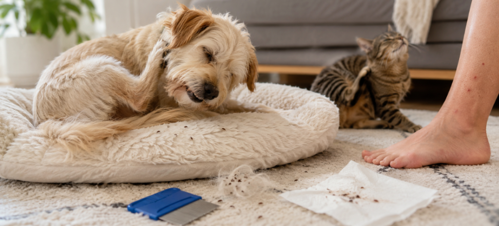 Dog and cat scratching indoors with flea dirt, a flea comb, stained tissue, and bite marks on a person’s ankle.