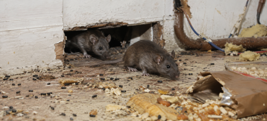 Two rats move across a dirty indoor floor near a wall opening, with droppings, torn food packaging, and scattered crumbs visible around them.