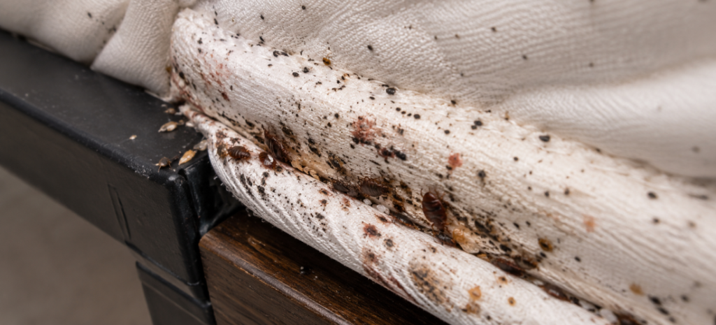 Severe bed bug infestation along a mattress seam, with live bed bugs, dark stains, eggs, and black fecal spots visible on the fabric.