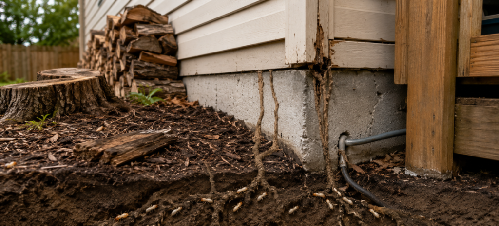 Subterranean termites moving through soil and mud tubes toward a home foundation with nearby firewood and wood debris.