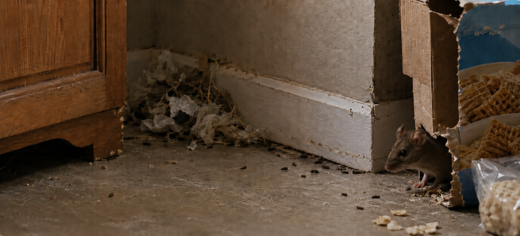 Mouse peeking naturally from a torn cardboard food box in a pantry corner with droppings and nesting debris
