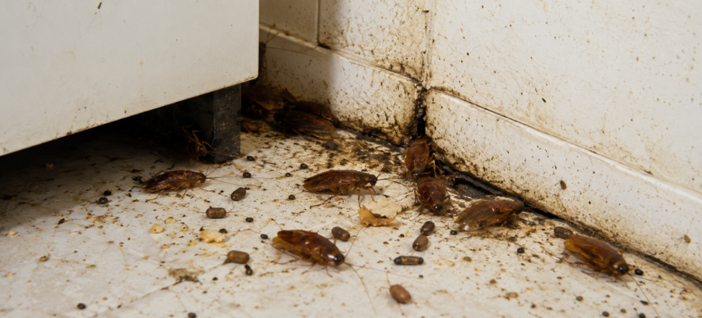 Cockroaches crawling across a dirty kitchen floor near stained tiles, food crumbs, droppings, and appliance gaps.