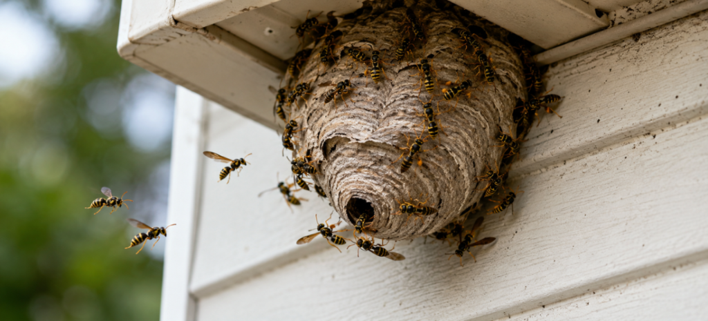 Active wasp nest under a house eave, with many wasps crawling on the nest and flying near the siding.
