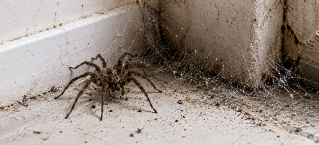 Large spider in a dusty indoor corner with heavy cobwebs, dirt, and damaged baseboard gaps.