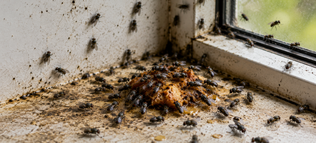 Flies swarming over decaying food on a dirty indoor windowsill with stains, grime, and scattered debris.