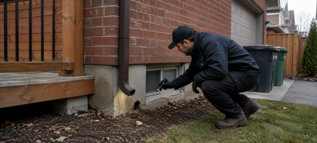 Pest control technician inspecting a home foundation for rat entry points.