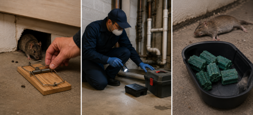 Three-panel image showing DIY rat trapping, professional pest inspection, and rat baiting method.