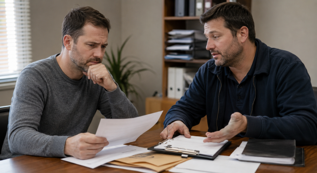 Concerned homeowner reviewing pest control documents with an exterminator in an office.