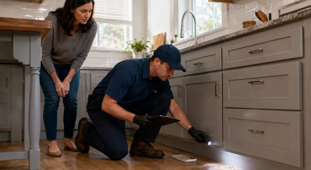 Professional exterminator inspecting pest activity in a homeowner’s kitchen.
