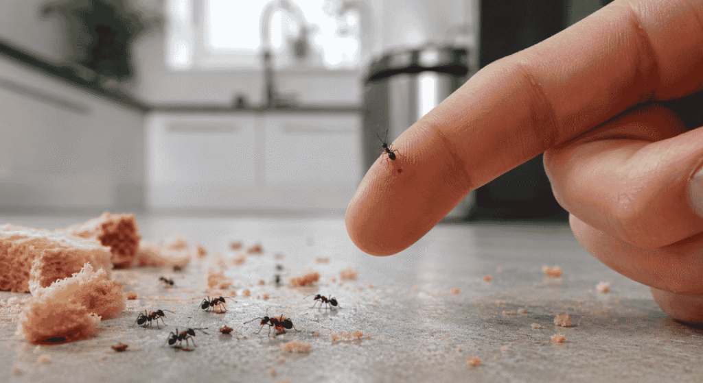 Ants crawling near food crumbs while one ant bites a person’s finger inside a kitchen.