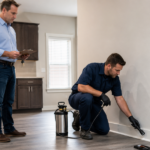 Landlord watches as a pest control technician inspects and treats the baseboard area inside a clean rental property kitchen.