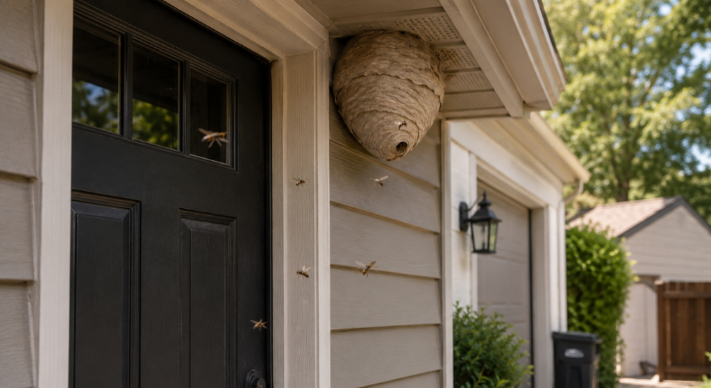 Active wasp nest hanging above a residential front door, with wasps flying around a busy entrance area.