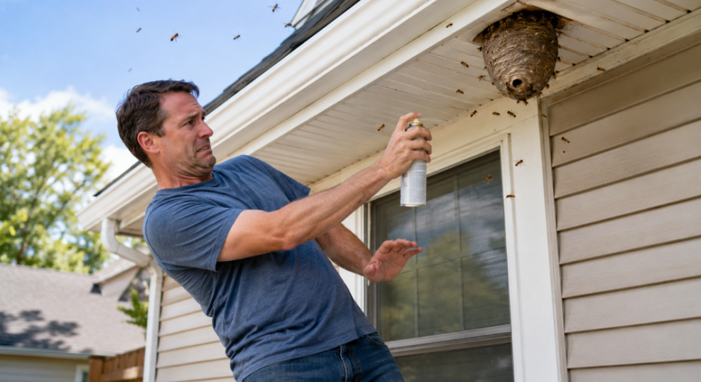 Homeowner without protective gear trying to spray a wasp nest under the eaves of a house while wasps fly around.