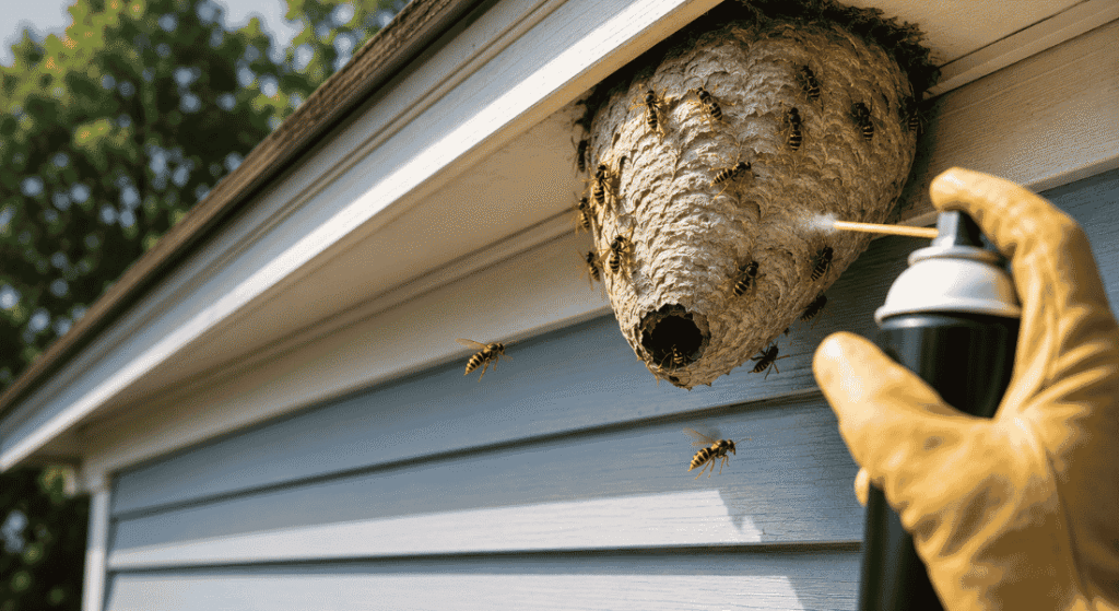 Gloved hand spraying an active wasp nest under a home roofline with wasps flying around the nest.