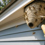 Gloved hand spraying an active wasp nest under a home roofline with wasps flying around the nest.