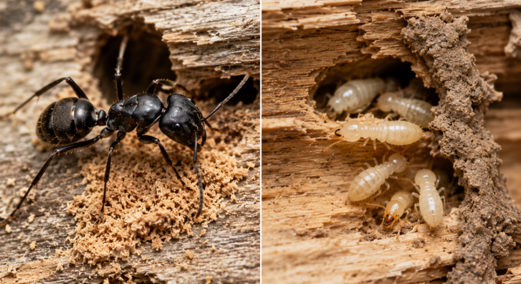 Carpenter ant and termites shown side by side on damaged wood, highlighting the difference between ant tunneling and termite wood damage.