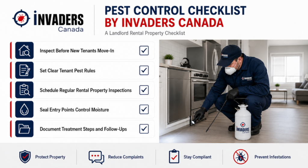 Professional Invaders Canada pest control checklist for landlords, showing five rental property pest prevention steps beside a technician inspecting a kitchen.