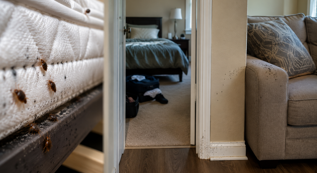 Bed bugs visible on a mattress and furniture in multiple rooms, indicating a spreading infestation beyond a single sleeping area.
