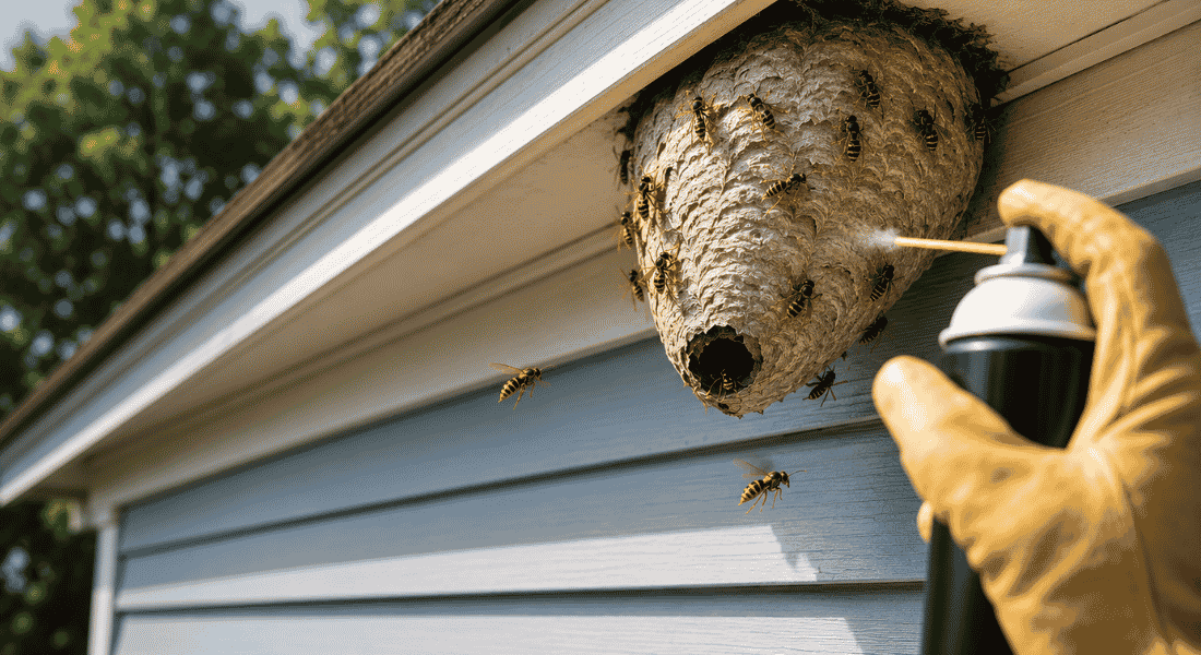Gloved hand spraying an active wasp nest under a home roofline with wasps flying around the nest.