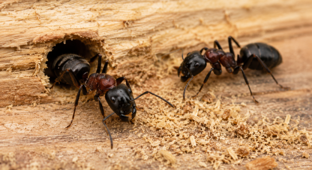 Carpenter ants crawling on damaged wood near a small tunnel opening with sawdust-like frass.