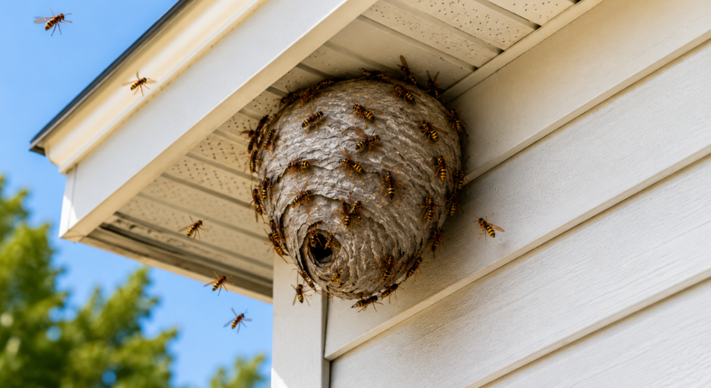 Large active wasp nest under house eaves with many wasps crawling and flying around the roofline.