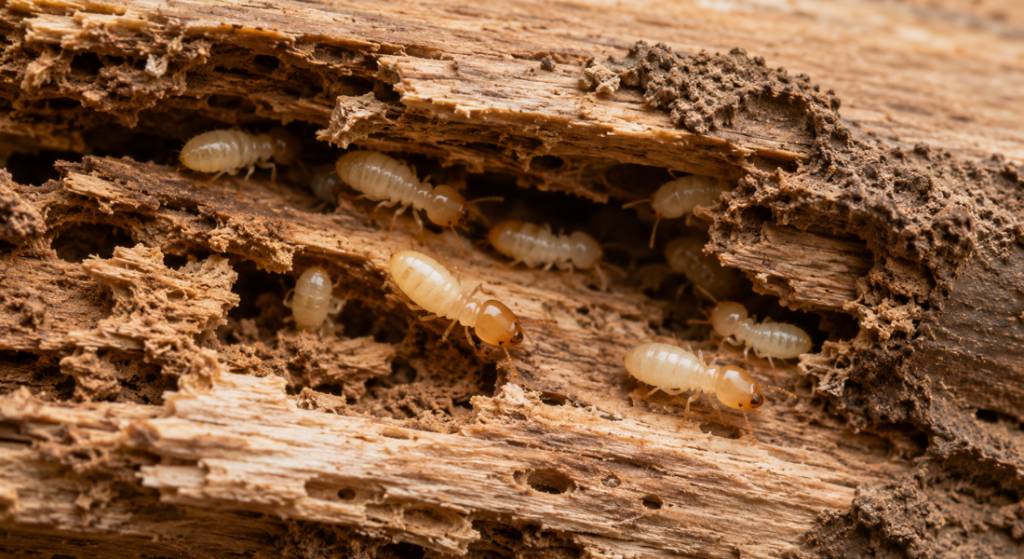 Pale termites crawling through damaged wood with visible tunnels and mud-like termite activity.