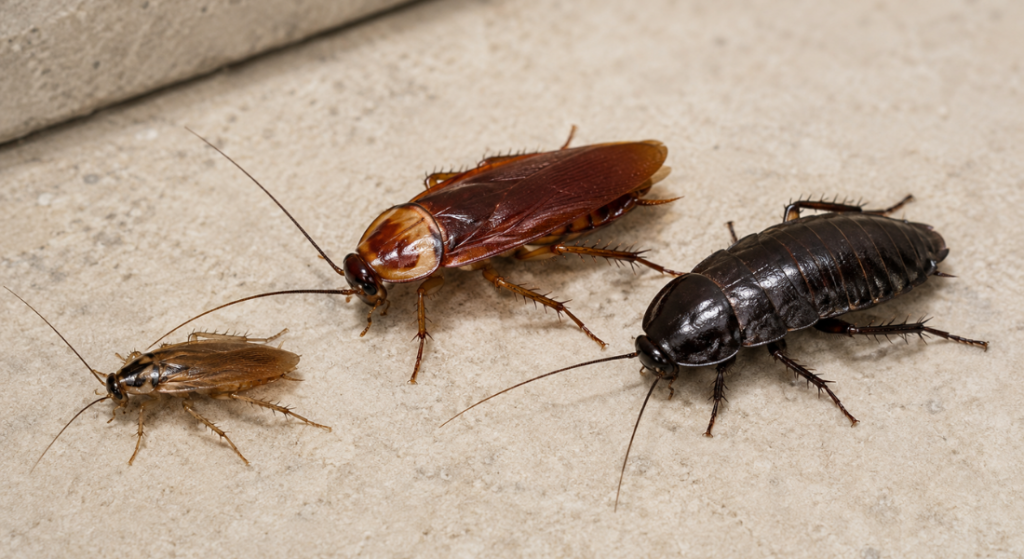 Three common cockroach species on an indoor floor, showing German, American, and Oriental cockroaches.